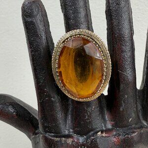 Vintage Whiting & Davis Amber Glass Cocktail Ring Gold Tone Size 6
